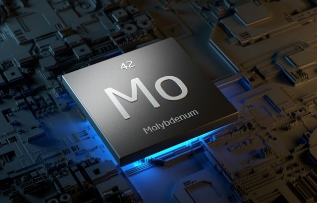 A stylized molybdenum periodic table card hoving over a circuit board type background