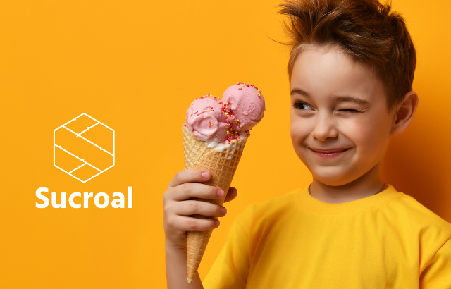 child holding an ice cream cone with sucroal logo