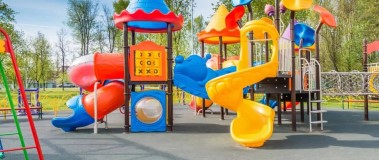 A brightly colored playground made with sustainable rubber and plastic additives
